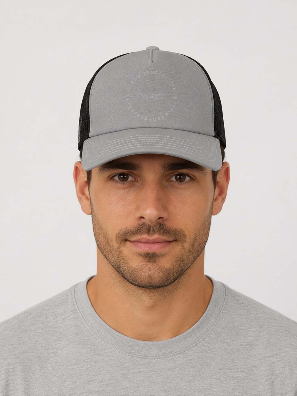 VUORI “A New Perspective” Gray and Black Mesh Trucker Hat O/S
